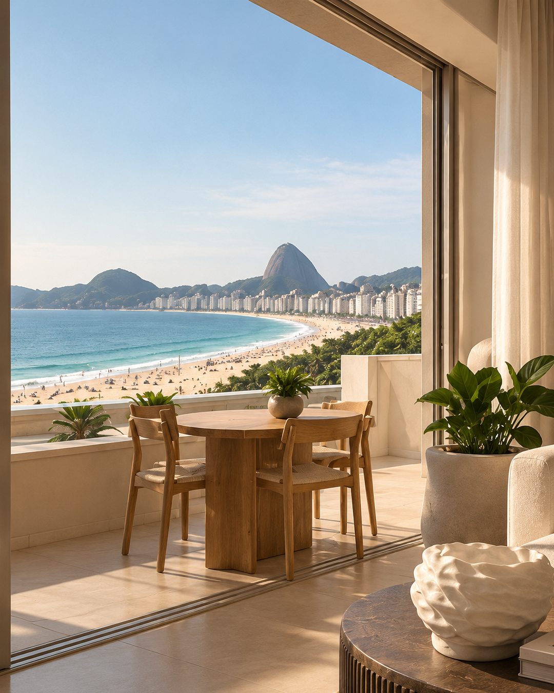 Varanda com mesa de madeira e poltrona, de frente para a orla de Copacabana e o Pão de Açúcar.