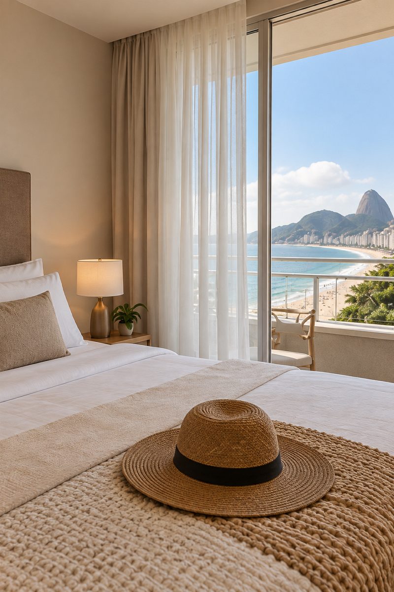 Quarto com cama e chapéu de palha, ao lado de uma janela com vista para o Pão de Açúcar.